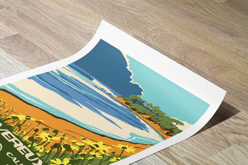 May include: A vintage-style travel poster featuring a beach scene with yellow flowers in the foreground, blue ocean waves, a sandy beach, and green trees in the background. The text "Monterey, California" is visible in the bottom left corner.