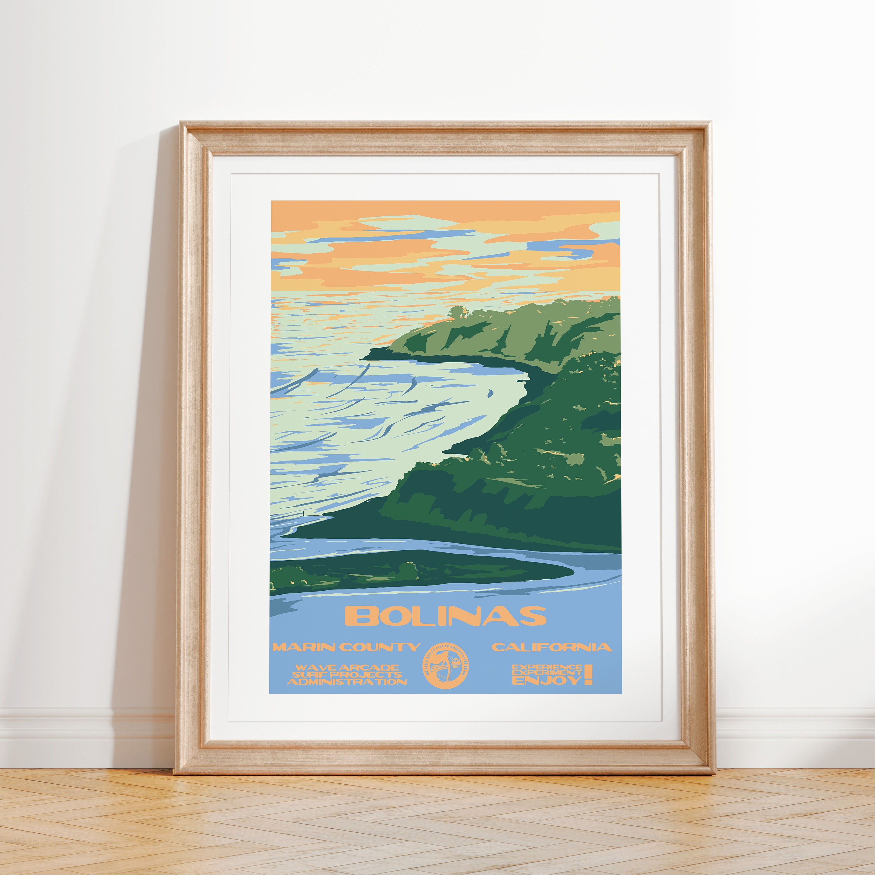 Bolinas Art Print | Vintage National Parks Style Surf Poster | Marin County, CA Coastal Surf Decor