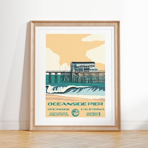 Oceanside Pier Art Print | Vintage National Parks Style Surf Poster | Oceanside, CA Coastal Surf Decor