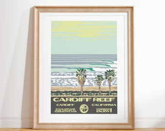 Cardiff Reef Surf Art Print | Vintage National Parks Style Poster | Cardiff, CA Coastal Travel Art  | Unframed Print