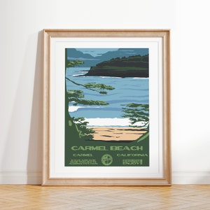 Carmel Beach Art Print / Cartel de surf estilo parques nacionales vintage / Carmel, CA Coastal Surf Decor