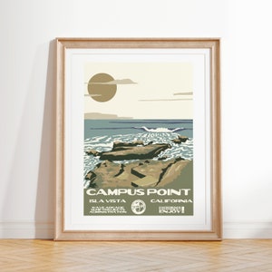 May include: A vintage travel poster design featuring a scenic view of Campus Point in Isla Vista, California. The poster features a blue ocean with waves crashing against rocky outcroppings. The sun is setting in the background, casting a warm glow over the scene. The text "Campus Point" is displayed in a bold font, along with the location "Isla Vista, California". The poster also includes the text "Wave Arcade Surf Projects Administration" and "Experience Adventure Enjoy!"