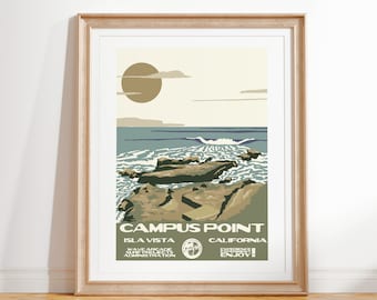 Campus Point Surf Poster | Isla Vista California | Vintage National Parks Style Art Print