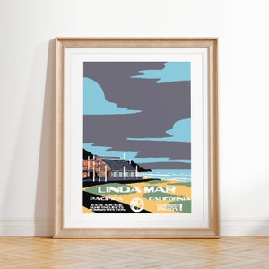Linda Mar Kunstdruck | Vintage Nationalparks Stil Surf Poster | Pacifica, CA Küstenbrandung Dekor