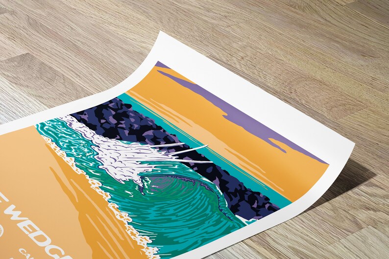 May include: A retro-style illustration of a large wave breaking over a rocky jetty. The wave is a vibrant turquoise and white, with a yellow sandy beach in the foreground. The sky is a gradient of orange, yellow, and purple. The text "The Wedge" is visible in the lower left corner.