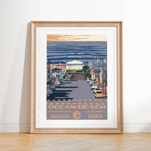 Ocean Beach Kunstdruck | Vintage Nationalparks Stil Surf Poster | San Francisco, CA Küstensurfen Dekor