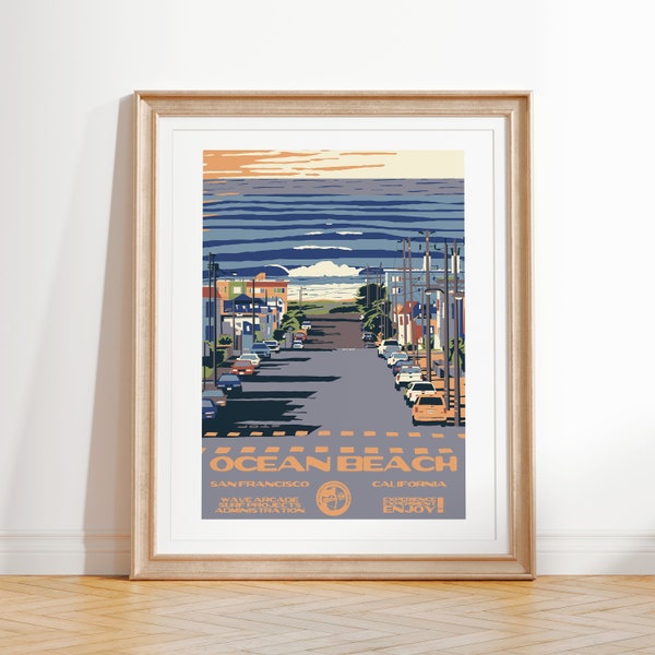 Impression d'art de surf de plage d'océan | affiche vintage de style parcs nationaux | Art de voyage côtier à San Francisco, Californie | Impression sans cadre