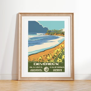 Impressão artística de Devereux | Poster da ressaca do estilo dos parques nacionais do | Isla Vista, CA Decoração de surf costeiro