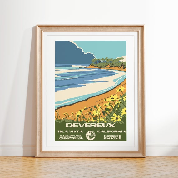 Devereux Surf Poster | Isla Vista California | Vintage National Parks Style Art Print