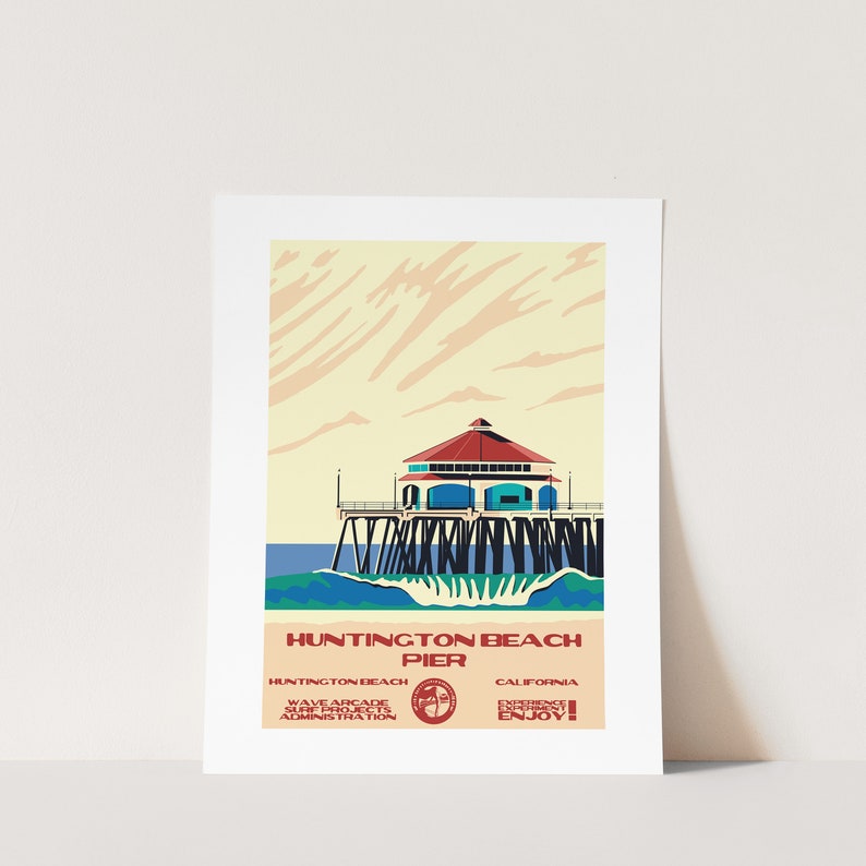 Huntington Beach Pier Surf Poster | Huntington Beach Kalifornien | Konsttryck i vintagestil med nationalparker bild 2