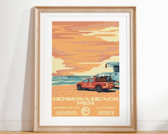May include: A vintage-style poster with a sunset scene of the Hermosa Beach Pier in California. The poster features a red pickup truck with a surfboard on the roof, a lifeguard tower, and the text "Hermosa Beach Pier, California".