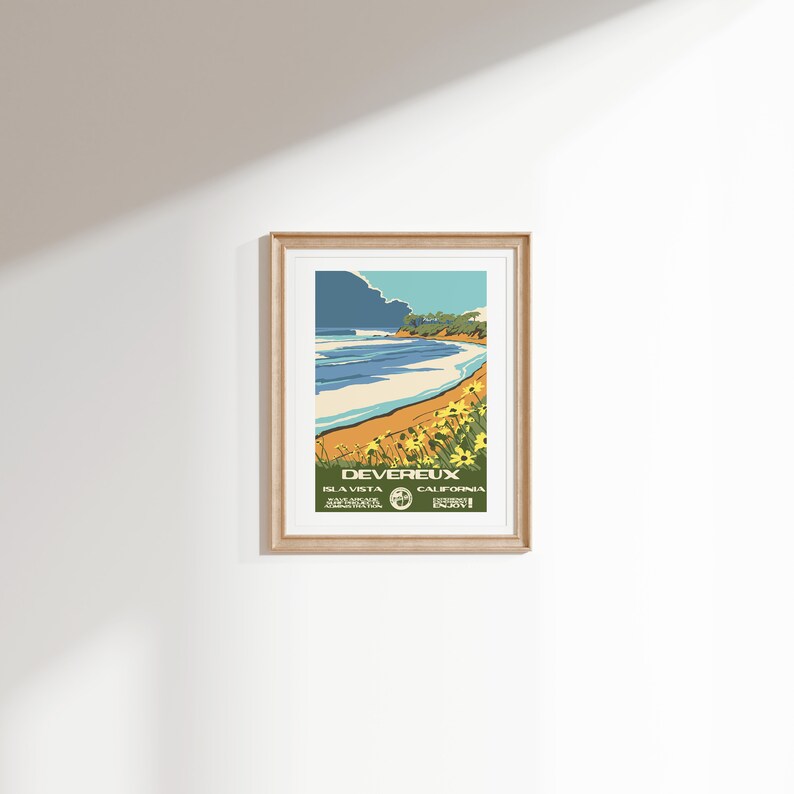 May include: A vintage-style travel poster featuring a beach scene with a blue ocean, yellow sand, and a green hillside. The text on the poster reads "Devereux Isla Vista California".