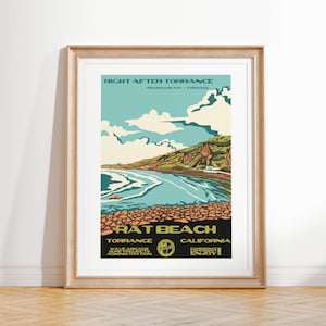 Lámina artística de RAT Beach, Redondo Beach y Torrance / Póster de surf estilo parques nacionales vintage / Decoración de surf costera de Torrance, CA