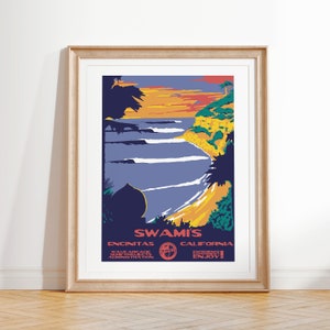 Impresión de arte de Swami / Cartel de surf estilo parques nacionales vintage / Encinitas, CA Coastal Surf Decor