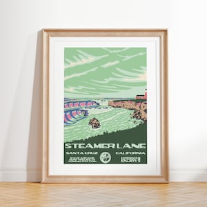 Stampa artistica di Steamer Lane / Poster da surf in stile parchi nazionali vintage / Arredamento da surf costiero di Santa Cruz, California