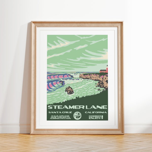 Steamer Lane Surf Art Print | Vintage National Parks Style Poster | Santa Cruz, CA Coastal Travel Art  | Unframed Print