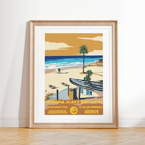 Moonlight Beach Art Print | Vintage National Parks Style Surf Poster | Encinitas, CA Coastal Surf Decor