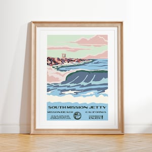 South Mission Jetty Art Print | Vintage National Parks Style Surf Poster | Mission Beach, CA Coastal Surf Decor