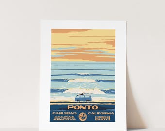 DIGITAL COPY: Ponto (Carlsbad, CA)  Surf Poster (National Parks Style)