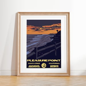 Impresión de arte Pleasure Point / Cartel de surf estilo parques nacionales vintage / Decoración de surf costera de Santa Cruz, CA