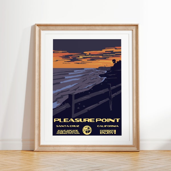 Pleasure Point (Santa Cruz, CA)  Surf Art Print (National Parks Style Surf Art)