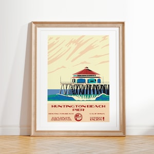 Huntington Beach Pier Art Print / Cartel de surf estilo parques nacionales vintage / Huntington Beach, CA Coastal Surf Decor
