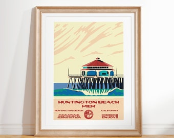 Surfposter Huntington Beach Pier | Huntington Beach, Californië | Vintage kunstafdruk in nationale parken