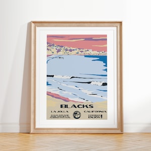 Schwarze Kunstdruck | Vintage Nationalparks Stil Surf Poster | San Diego, CA Küstensurfen Dekor