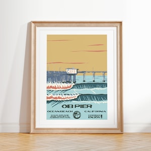 OB Pier Kunstdruck | Vintage Nationalparks Stil Surf Poster | Ocean Beach, CA Küstensurfen Dekor