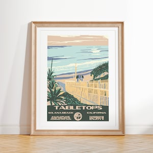 Kunstprint tafelbladen | Vintage surfposter in nationale parkenstijl | Solana Beach, Californië Coastal Surf Decor
