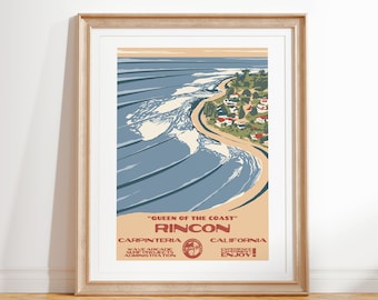 Rincon &quot;Queen of the Coast&quot; Art Print | Vintage National Parks Style Surf Poster | Carpinteria, CA Coastal Surf Decor