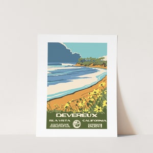 May include: A vintage travel poster with a retro illustration of a beach scene with a blue sky, white clouds, a sandy beach, and blue ocean waves. The text on the poster reads "Devereux, Isla Vista, California, Wave Arcade Surf Products Administration, Experience California, Enjoy!"