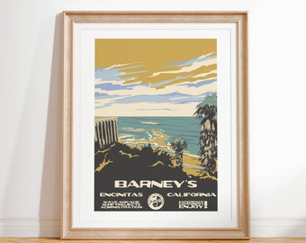 Barney's Surf-affisch | Encinitas, Kalifornien | Konsttryck i vintagestil med nationalparker