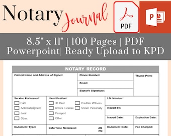 Notary Log Book (PDF, Powerpoint) Public Notary Records Book with Number, 8.5"x11", 2 Entries/Page, 100 Pages, KDP Interior Ready for KDP