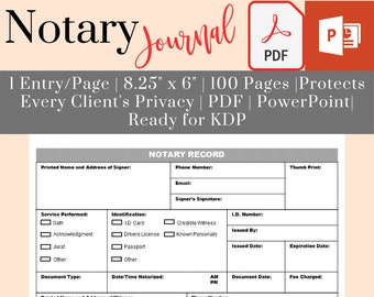 One-Page Pocket Size Notary Log Book (PDF, PPT), Protects Client's Privacy, with Record No, 8.25"x6", 1 Entry/Page, 100 Pages, KDP Interior