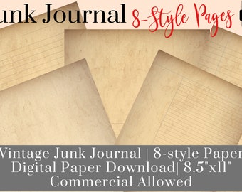 Vintage Junk Journal Kit with 8-style pages, Junk Journal Digital Paper & Printable Download, Junk Journal Pages, Commercial Allowed