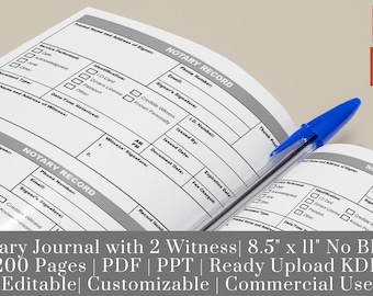Notary Log Book with 2-Witness (PDF, PowerPoint) Public Notary Records with Number, 8.5"x11", 2 Entries/Page, 200 Pages, KDP Interior Upload