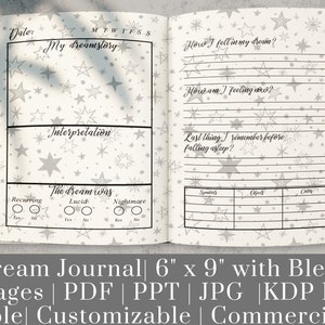 May include: A printable dream journal with a white background and a silver star pattern. The journal has sections for recording dream details, including how you fell asleep, how you are feeling, and the last thing you remember before falling asleep. It also includes a section for interpreting the dream and a checklist for recurring, lucid, and nightmare dreams.