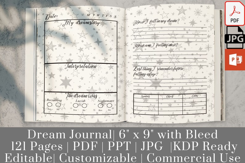 May include: A printable dream journal with a white background and a silver star pattern. The journal has sections for recording dream details, including how you fell asleep, how you are feeling, and the last thing you remember before falling asleep. It also includes a section for interpreting the dream and a checklist for recurring, lucid, and nightmare dreams.