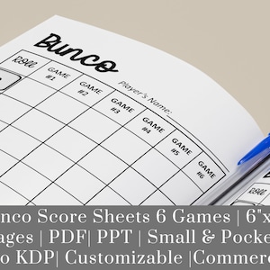 Bunco Score Sheets 6 Games | 6&quot;x9&quot;  130 Pages | PDF| PPT | Small & Pocket Size Ready Upload to KDP| Customizable |Commercial Use