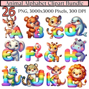 Alphabet Tier Clipart | A-Z Regenbogen Buchstaben Clipart | Druckbare Pinnwand Clipart, digitales Scrapbooking, PNG Sublimation