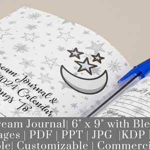 May include: A printable dream journal and calendar template with a moon and stars design. The template is 6 inches by 9 inches with bleed and includes 121 pages. It is available in PDF, PPT, and JPG formats and is KDP ready. The template is editable, customizable, and for commercial use.