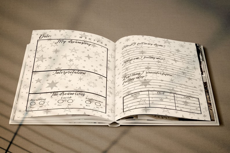 May include: A white journal with a star pattern on the cover. The journal is open to a page with the title "My Dreamstory" and a section for recording dreams and interpretations. The page also includes a section for recording the time of day, the day of the week, and whether the dream was recurring, lucid, or a nightmare.