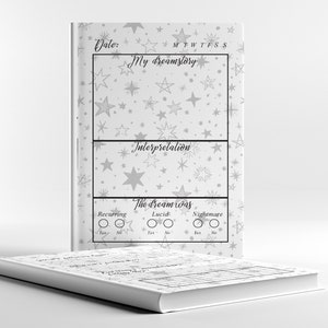 May include: A white dream journal with a star pattern and the text "My dream story", "Interpretation", and "The dream was". The journal has checkboxes for "Recurring", "Lucid", and "Nightmare".