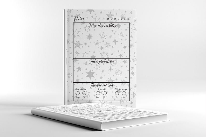 May include: A white dream journal with a star pattern and the text "My dream story", "Interpretation", and "The dream was". The journal has checkboxes for "Recurring", "Lucid", and "Nightmare".