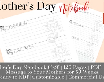 Daily Message to Your Mother Journal (Mother's Day Notebook) (PDF, Powerpoint) 59 Weeks , 6"x9" with bleed, 120 Pages, KDP Interior Ready
