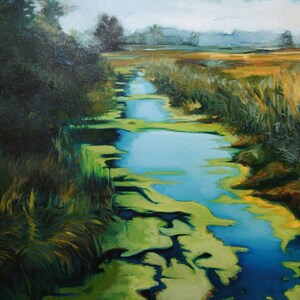 Verschlafene Fluss, Original Ölgemälde, Landschaft, Wasser, Landschaft, Landschaft, Malerei auf Leinwand, 30 h und 24 W.