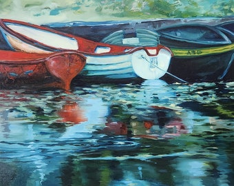 See Kunst, See Kunstwerk, Fluss Boote, Ölgemälde auf Leinwand