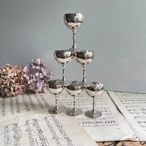 Vintage Set of 6 Silver plated goblets - Jonelle Sherry Glasses - Stemware - Toasting Cups - Small Chalice - Spanish Silver - Photo props