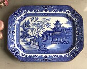 Vintage Blue and White Plate - Burslem - Burleigh Ware - Willow Pattern - Rectangular Platter - Transferware meat platter
